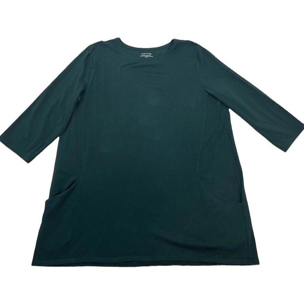 Eileen Fisher Organic Cotton Forest Green Boxy Shirt Tunic Pocket XL Top Stretch